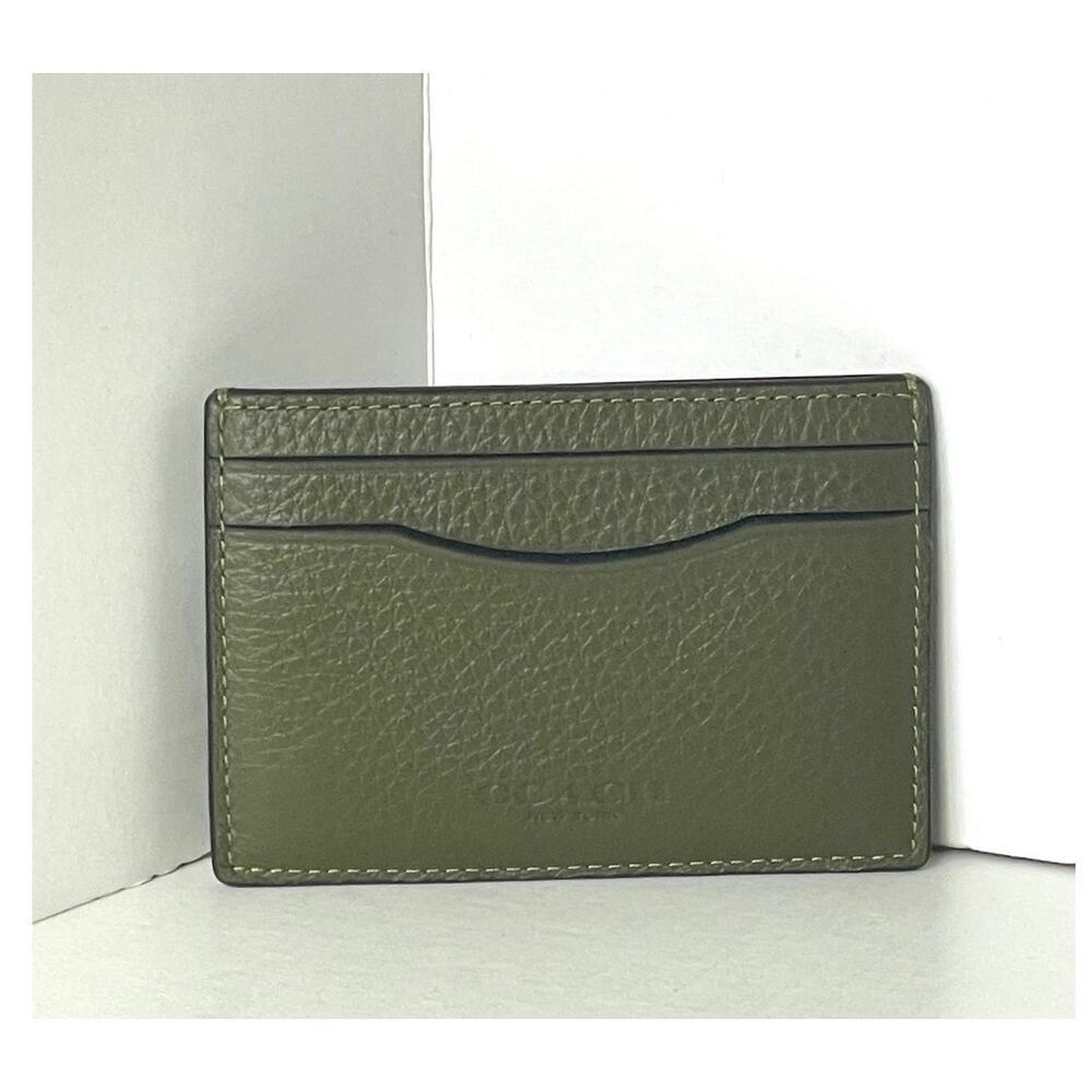 Coach Card Case Money Clip Olive Green Crossgrain Leather Mens CDC79
